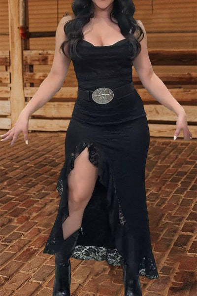 Western cowgirl High slit lace ruffle fitted strappy dress  from Rosa Clothing