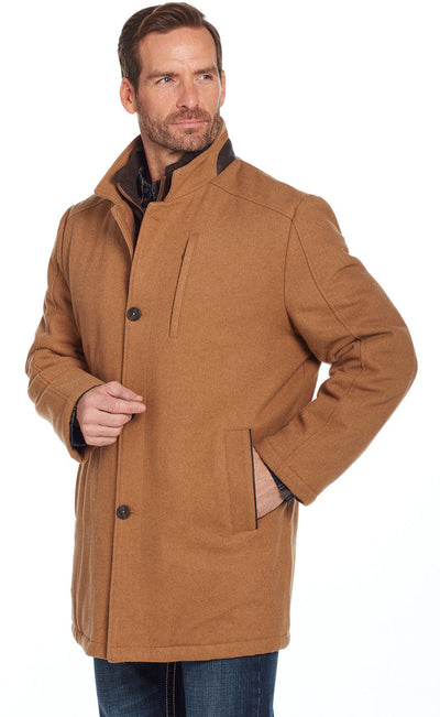 SIDRAN MENS WOOL MELTON ZIP & BUTTON FRONT COAT W/ FAUX LEATHER TRIM STYLE CR43366-F23-26- Premium Mens Outerwear from Sidran/Suits Shop now at HAYLOFT WESTERN WEARfor Cowboy Boots, Cowboy Hats and Western Apparel