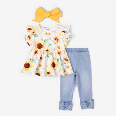 Baby Girl 3pcs Floral Top and Denim Jeans with Headband Set  from PatPat