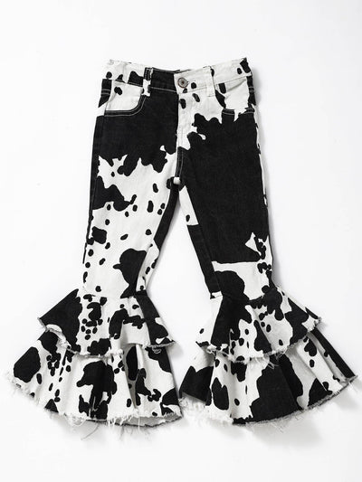 Black Cow Print Double Layer Girls Denim Pants  from sassy kids palace