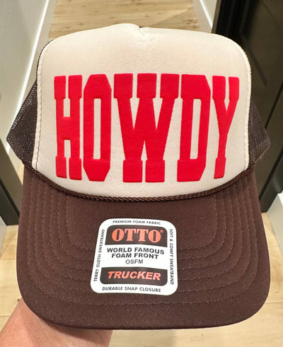 HOWDY in Red puff vinyl on a Brown and Tan Foam Trucker Hat  from Southern Attitude Designs Inc