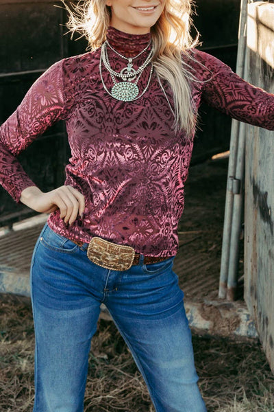 Velvet Burnout Turtleneck Long sleeve Top  from HIDDENBRAND