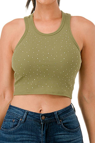 Cropped racer back ribbed tank top with rhinestone printing  from Color 5