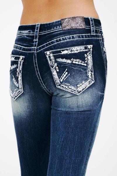 Heavy Stitch Embroidery Mid-Rise Boot Cut 30" | EB-51926-30 Ladies Jeans from Grace in LA