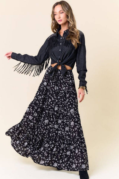 SS1222C BLACK FLORAL TIERED MAXI SKIRT W/POCKETS Ladies Dresses/Skirts from Saints & Hearts