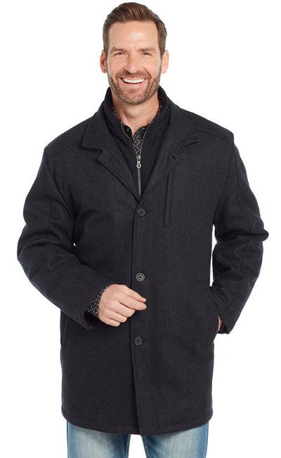 SIDRAN MENS WOOL MELTON ZIP & BUTTON FRONT COAT W/ FAUX LEATHER TRIM STYLE CR43366-F23-46- Premium Mens Outerwear from Sidran/Suits Shop now at HAYLOFT WESTERN WEARfor Cowboy Boots, Cowboy Hats and Western Apparel
