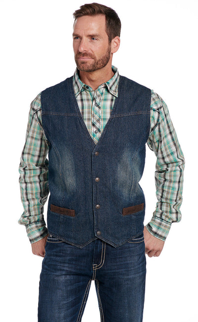 SIDRAN MENS STONEWASHED & SANDBLASTED SNAP FRONT DENIM VEST WITH FLANNEL LINING STYLE CW1212-F21-66 Mens Outerwear from Sidran/Suits