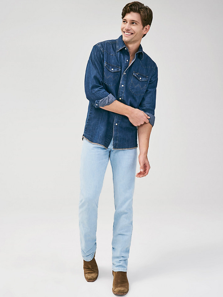 Wrangler Men's Cowboy Cut Long Sleeve Western Denim Snap Work Shirt In Antique Blue Wrangler Men's Cowboy Cut Long Sleeve Western Denim Snap Work Shirt In Antique Blue