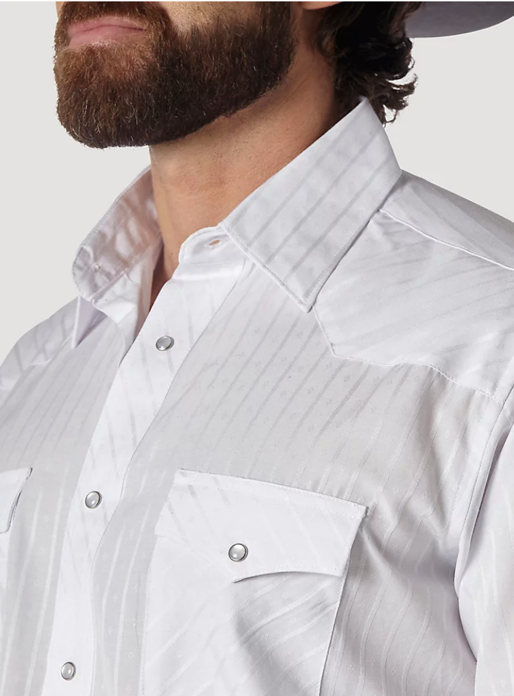 wrangler western dress shirts WRANGLER WESTERN LONG SLEEVE WESTERN SNAP DOBBY STRIPE SHIRT IN WHITE STYLE  75221WH