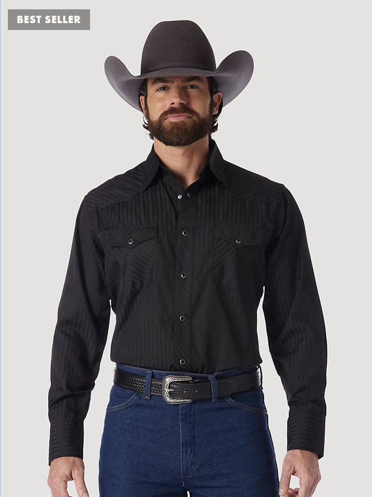 WRANGLER MENS LONG SLEEVE BLACK SNAP STRIPE SHIRT STYLE 75214BK