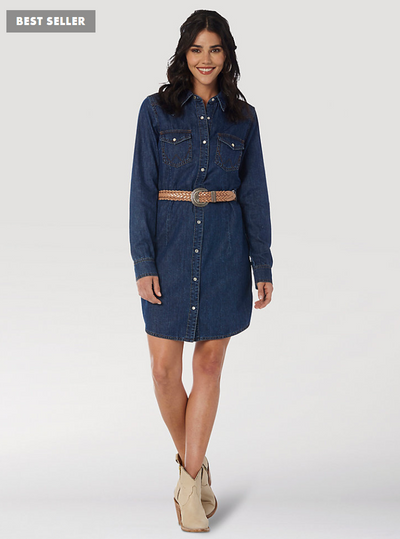 WRANGLER WOMENS LONG SLEEVE WESTERN SNAP DENIM DRESS IN DARK DENIM STYLE LWD709D- Premium Ladies Dresses/Skirts from Wrangler Shop now at HAYLOFT WESTERN WEARfor Cowboy Boots, Cowboy Hats and Western Apparel