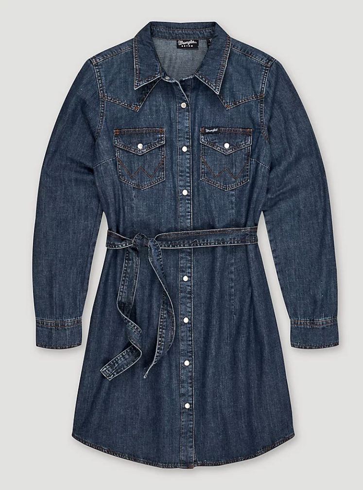 Wrangler Women's Dark Denim Washed Long Sleeve Western Shirt Dress Wrangler Women's Dark Denim Washed Long Sleeve Western Shirt Dress