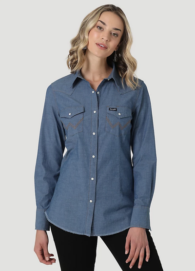 WRANGLER WOMENS LONG SLEEVE WESTERN SNAP WITH FRONT AND BACK YOKES SOLID TOP IN CHAMBRAY STYLE LW1041B Ladies Shirts from Wrangler