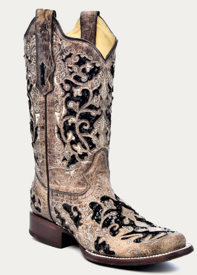 CORRAL LADIES INLAY AND FLOWERED EMBROIDERY SQUARE TOE BOOTS STYLE A3648 Ladies Boots from Corral Boots
