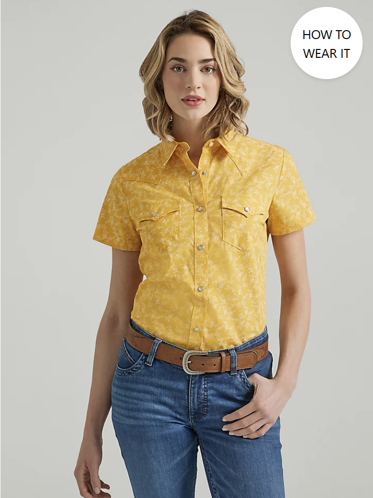 WRANGLER LADIES SHORT SLEEVE FLORAL YELLOW WESTERN SNAP TOP STYLE 112347162