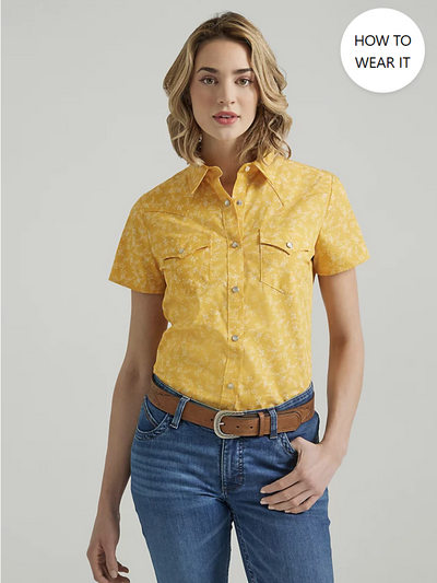 WRANGLER LADIES SHORT SLEEVE FLORAL YELLOW WESTERN SNAP TOP STYLE 112347162 Ladies Shirts from Wrangler