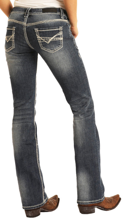 Rock Roll Womens Stretch Riding Mid Rise Regular Fit Bootcut Jeans Dark Vintage Style W7-9516 Ladies Jeans from PHS