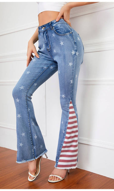 American Flag Print Star Patterned Flared Jeans Ladies Jeans from Rosa Clothing