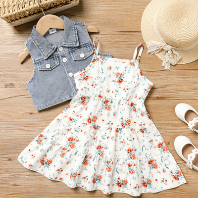 2pcs Toddler Girl Sweet Denim Vest and Floral Dress Set  from PatPat