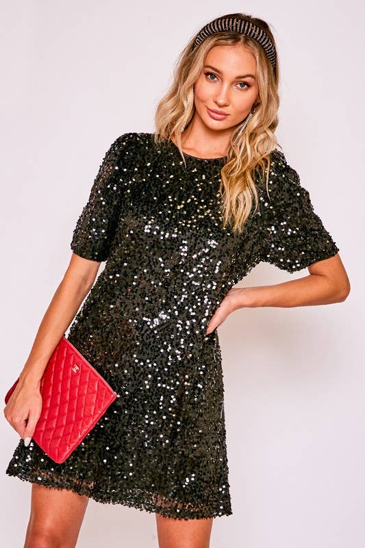 puff sleeve sequin mini dress Round Neck Short Puff Sleeve Sequin Mini Dress VD31800
