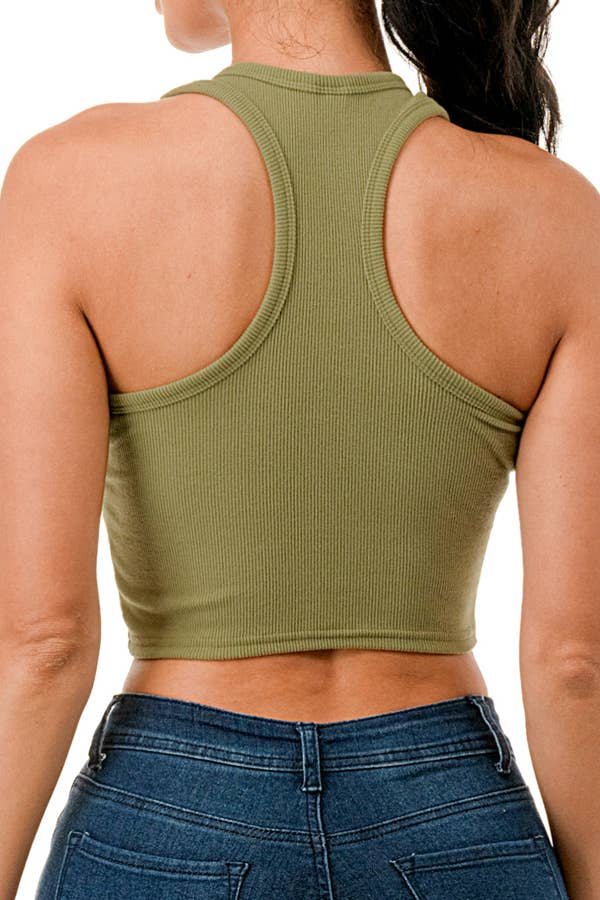 Cropped racer back ribbed tank top with rhinestone printing