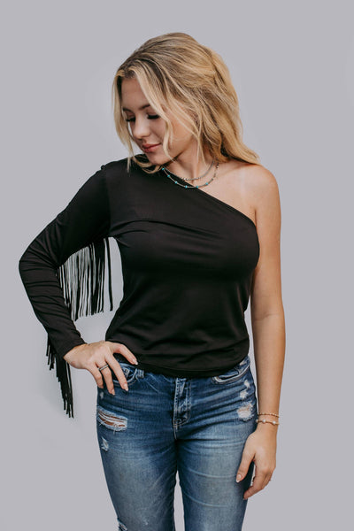 MK594 One Shoulder Fringe Top  from Merigold Kiss