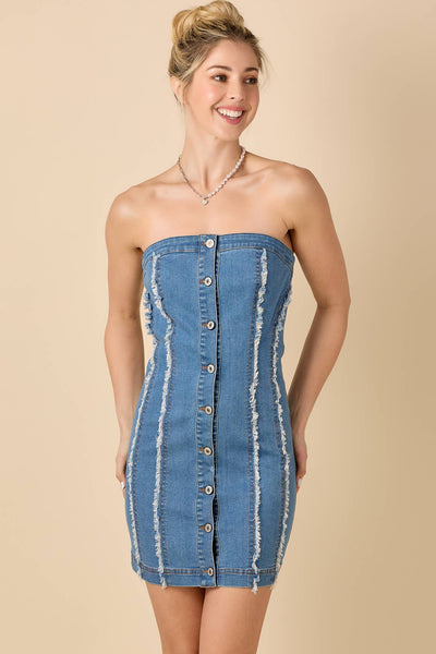 Front button down Denim dress with frayed detailing  from BABY PINK