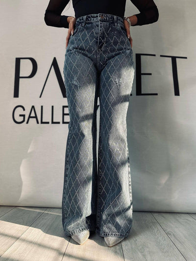 Women's Grid Rhinestone Jeans Straight High Waist Flared  from Tourtiwi