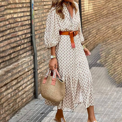 Belt waist print V-neck simple single-breasted long dress Ladies Dresses/Skirts from Lily Clothing