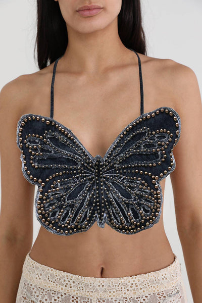 Butterfly Heavy Industry Beads Denim Sling Backless Lace up Halter Top Ladies Shirts from Tourtiwi