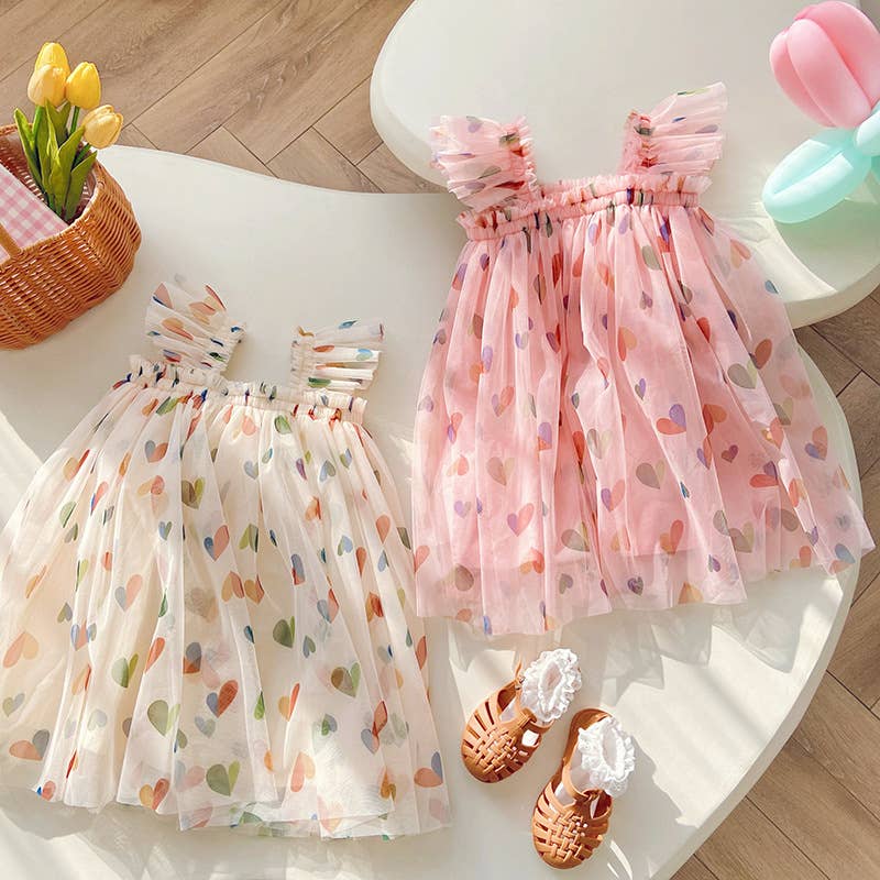 heart print mesh dress Children's heart print mesh dress summer butterfly dress