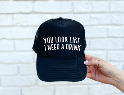 I Need A Drink DTF Printed Black Trucker Hat  from Southern Attitude Designs Inc