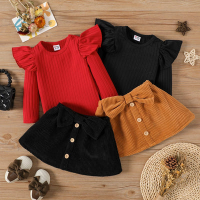 2pcs Baby Girl Rib Knit Ruffled  Top and Corduroy Skirt Set  from PatPat