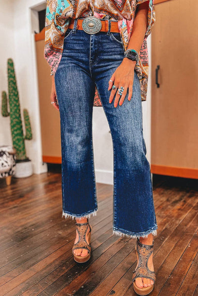 Sail Blue Mineral Wash Raw Hem High Waist Flared Jeans  from Lovesoft
