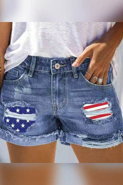 US Flag Independence Day Patchwork Ripped Denim Shorts Ladies Shorts from UNISHE