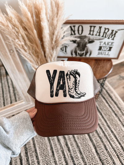 Yall Boots DTF Printed Brown and Tan Trucker Hat  from Southern Attitude Designs Inc
