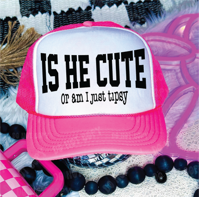 Is He Cute DTF Printed Neon Pink & White Trucker Hat  from Southern Attitude Designs Inc