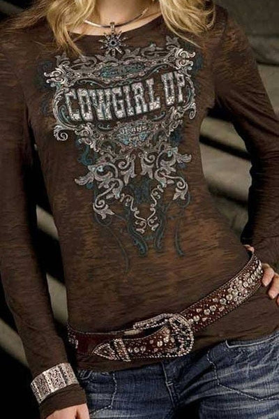 Cowgirl Up Print Gothic Style Round Neck Female T-shirt  from Tourtiwi