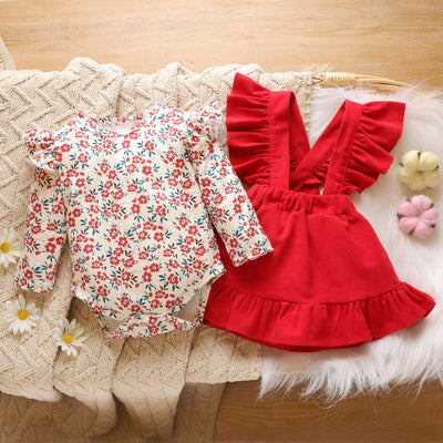 Baby 2pcs Floral Romper & Corduroy Suspender Skirt Set  from PatPat