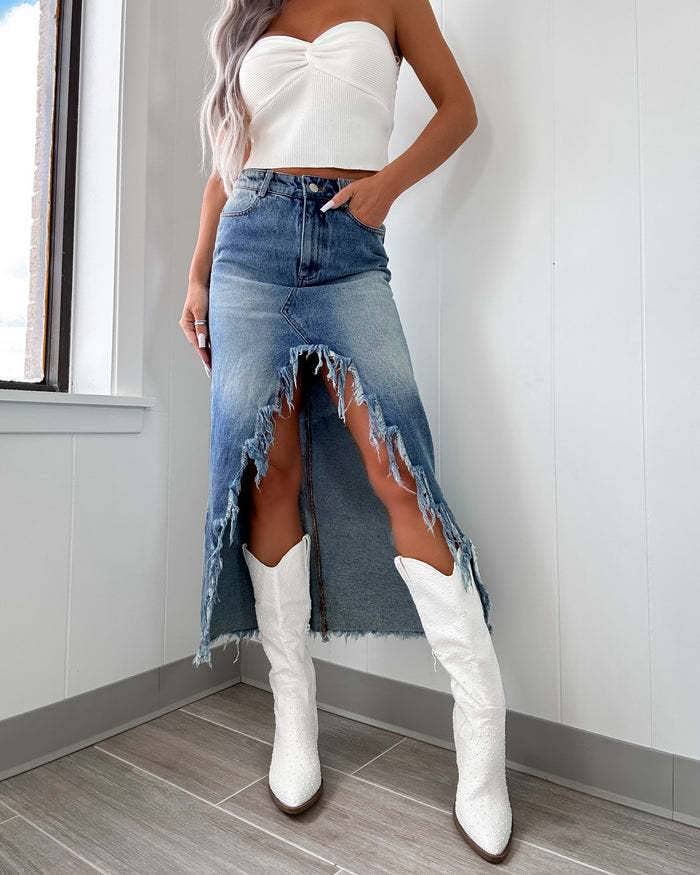 white christmas dresses Clarissa High Waisted Denim Slit Skirt – Josie's Boutique & Western Wear main image 1