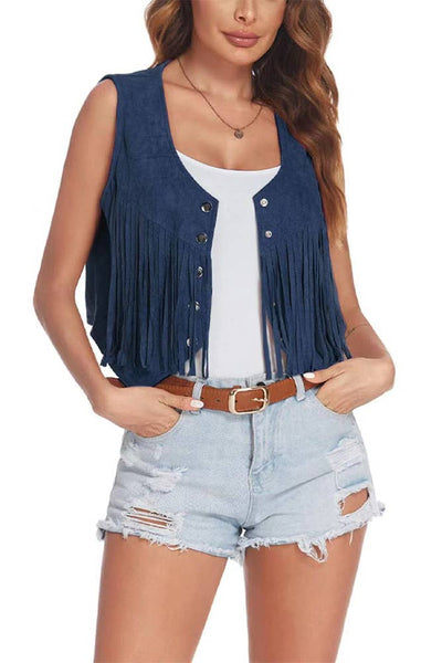 Summer Tops Plain Suede Snap Button Tassel Vest ZK1037 Ladies Outerwear from UNISHE
