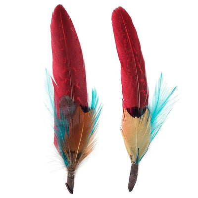 Pheasant Hackle Feather Hat Trims - Dark Aqua- Tango Red  from Zucker Feather Products