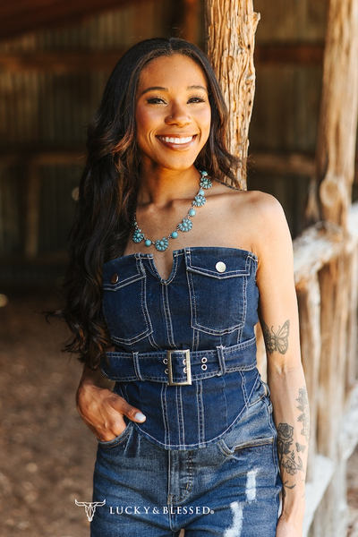 Dark Wash Denim Buckle Strap Corset Top  from LUCKY & BLESSED