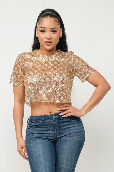 Mesh All Over Glitter Sequins Detail Crop Top Ladies Shirts from Julia by LoveJ