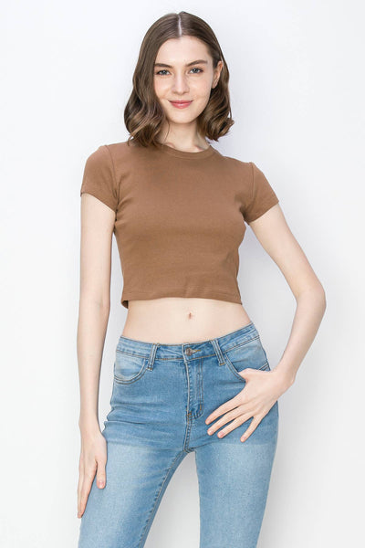 Solid color ribbed short sleeve crop crew neck basic tshirt Ladies Shirts from Color 5