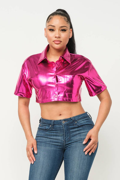 Leather Front Button Down One Pocket Detail Top Ladies Shirts from Julia by LoveJ
