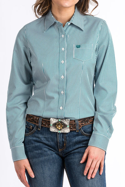 CINCH WOMENS TENCEL TEAL AND WHITE STRIPE BUTTON-UP SHIRT STYLE MSW9164088 Ladies Shirts from Cinch