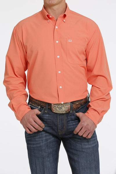 CINCH MEN'S SOLID LONG SLEEVE ARENAFLEX BUTTON-DOWN SHIRT CORAL STYLE MTW1862015 Mens Shirts from Cinch