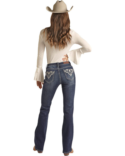 Rock Roll Cowgirl  Blue Ivory Aztec Pocket in Dark Vintage RRWD4MRZPW Ladies Jeans from PHS