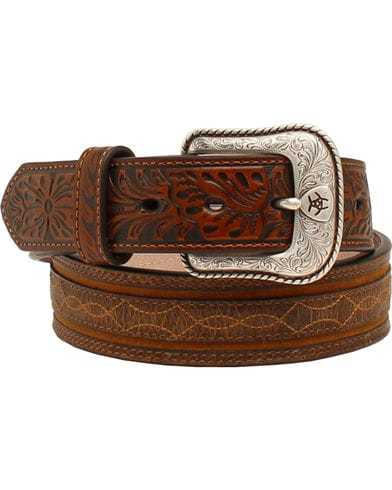 MF Western Ariat Western Mens Belt Barbwire Embossed Leather Brown Style A1020002 MENS ACCESSORIES from MF Western